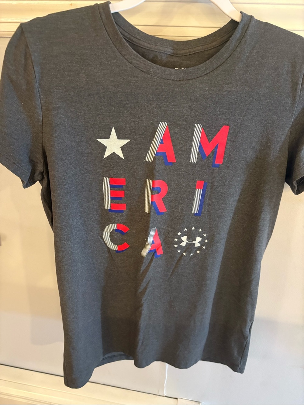 Under Armour Charcoal Gray Short Sleeve Tee with Red & Blue Graphic